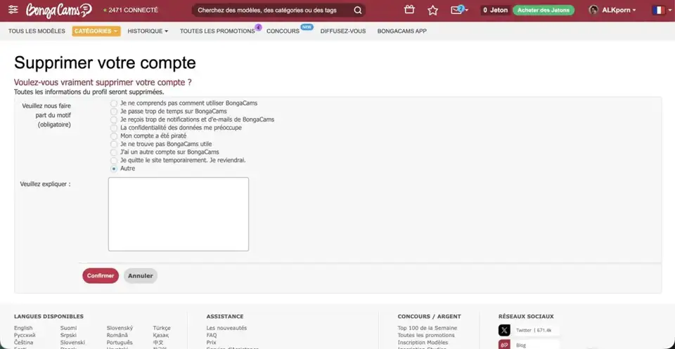 BongaCams : supprimer son compte
