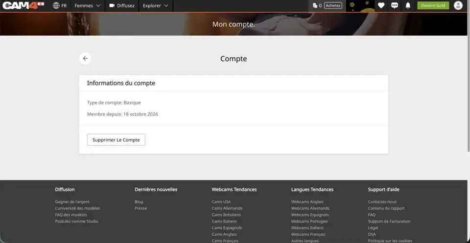 CAM4 : bouton Supprimer le compte