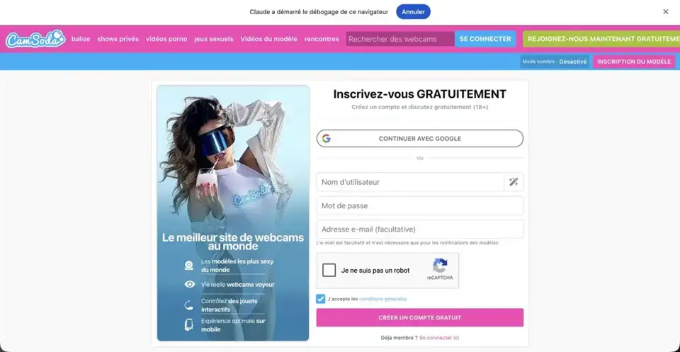 CamSoda : inscription gratuite, e-mail facultatif