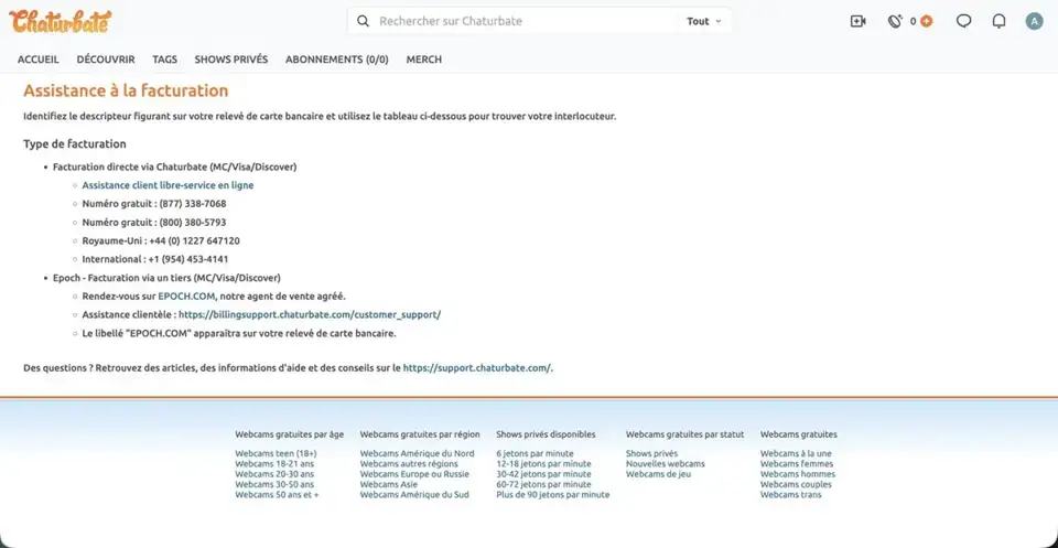 Chaturbate : page d'assistance à la facturation et libellé EPOCH.COM
