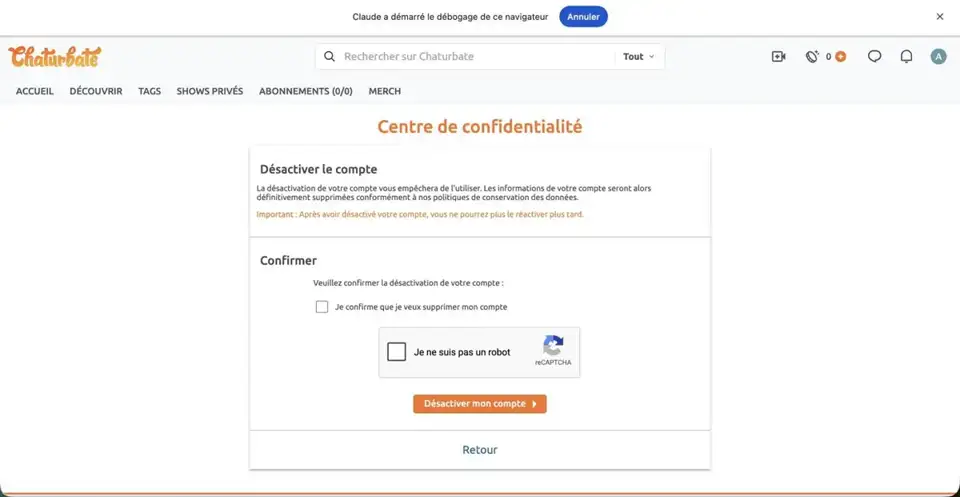 Chaturbate : désactiver son compte