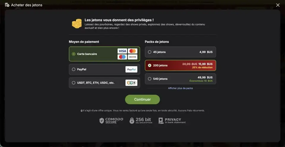 Stripchat : prix des packs de jetons en octobre 2026