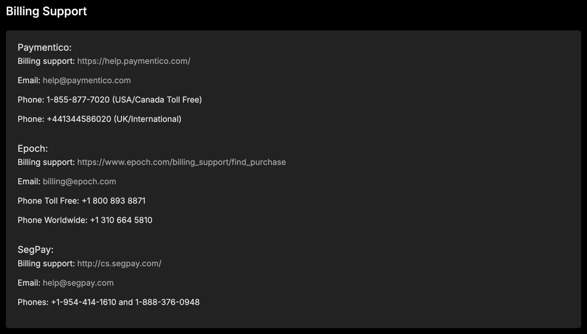 Suporte de cobrança do Stripchat: Paymentico, Epoch, SegPay